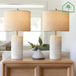 23" Modern Ceramic Table Lamp Set of 2 – Beige & White Bedside Lamps for Living Room or Bedroom