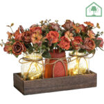 3-Piece Mason Jar Centerpiece Set with Wood Tray and LED Light – Rustic Farmhouse Table Decor