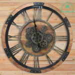 27" Oversized Vintage Wall Clock with Real Moving Gears – Solid Wood Frame & Tempered Glass Cover (Brown)