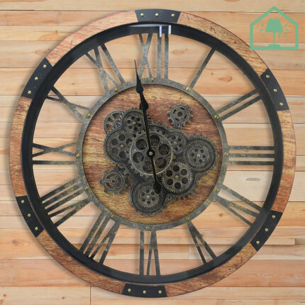 27" Oversized Vintage Wall Clock with Real Moving Gears – Solid Wood Frame & Tempered Glass Cover (Brown)
